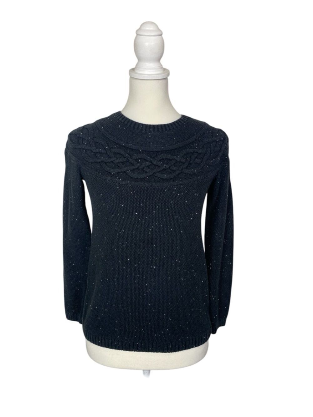 Talbots Petites Black Cable Knit Sweater Speckled Flecked Cozy Classic SP